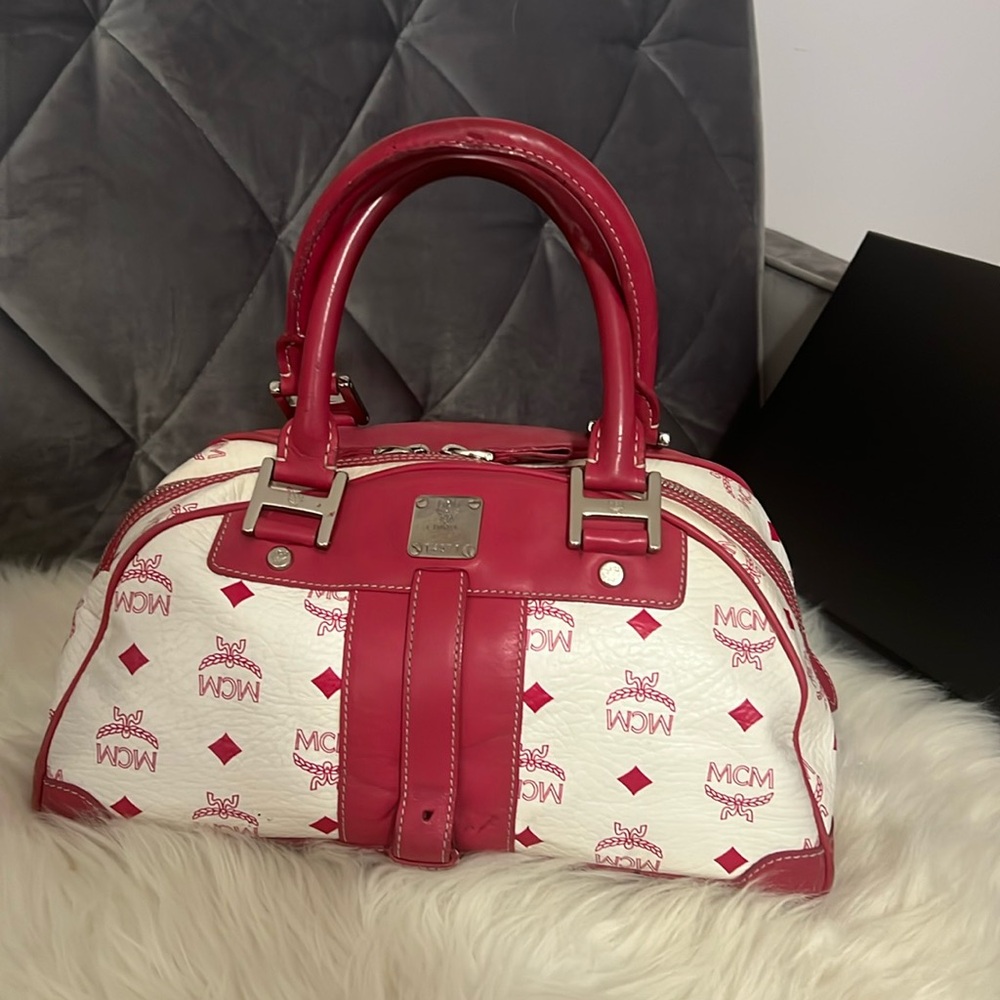 MCM Visetos Pink & White Boston Bag With Callout